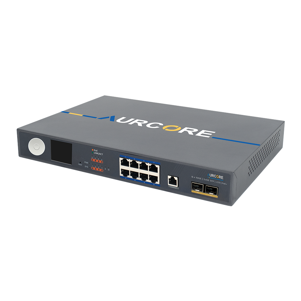 AES2010P | 8 x GE (PoE+), 2 x GE SFP | LCD